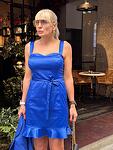 Къса синя дамска сатенирана памучна рокля с волан AGGATA