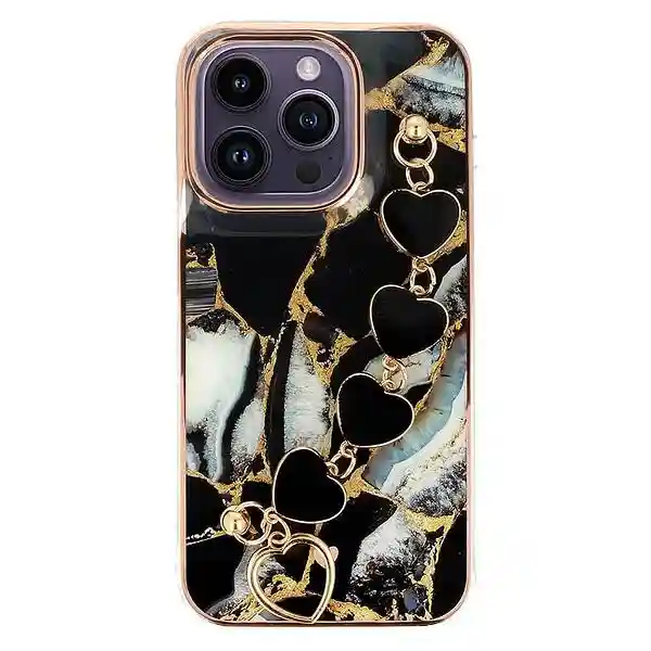 Луксозен калъф • гръб със верижка от сърчица  за iPhone 14 Pro Max Trend Case • Черен Мрамор