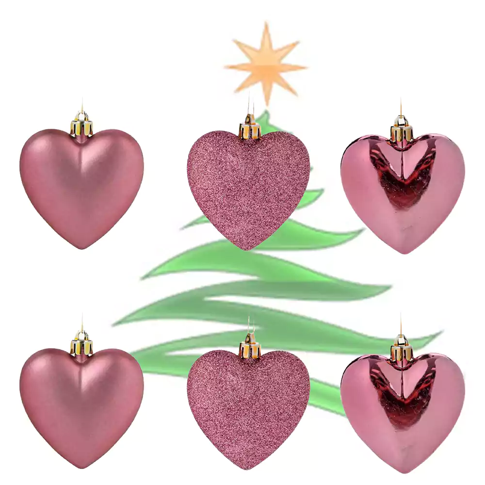 Коледна украса Коледни играчки за елха розови Сърца 6бр. 25872