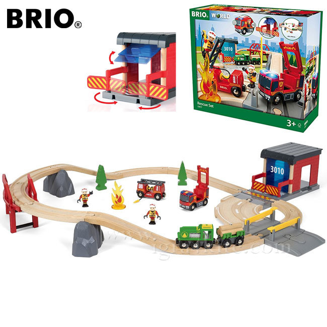 Brio Дървено влакче с релси Пожарна със звук и светлина 33817