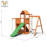 Fungoo Детска дървена площадка с люлка, пързалка, стена за катерене и кула ACTIVER 03580PT
