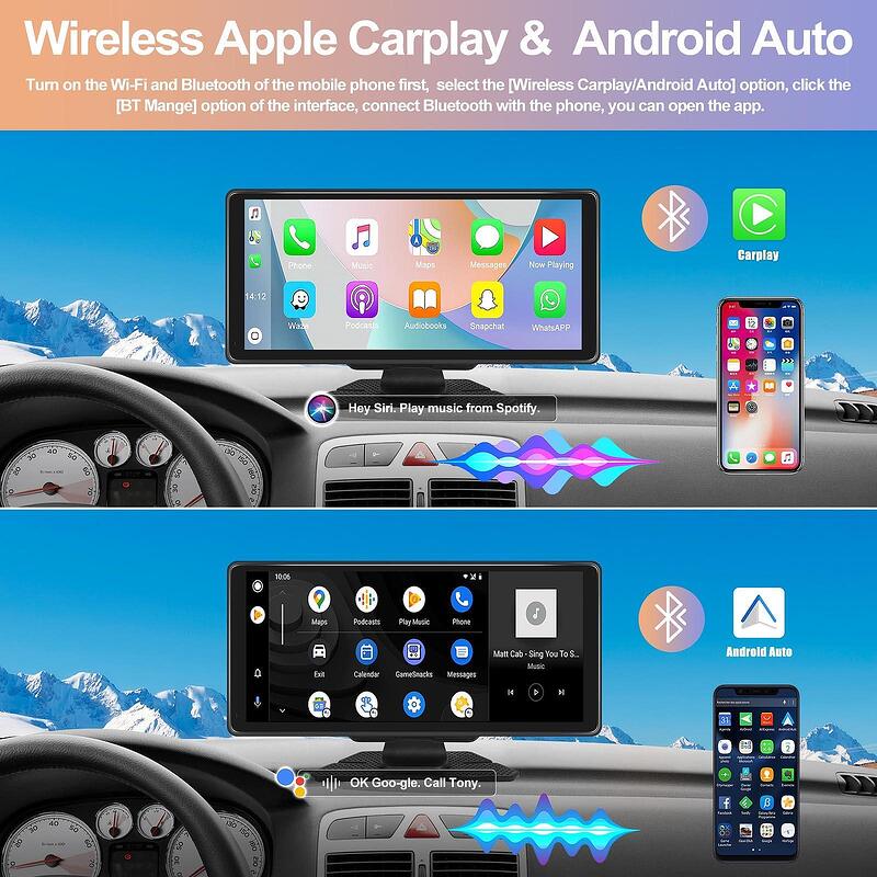Преносима Мултимедия за Автомобил с 10-инчов IPS Сензорен Екран – Безжичен  Apple Carplay, Android Auto, Bluetooth 5.0 Hands-Free, Mirror Link, GPS и  Siri