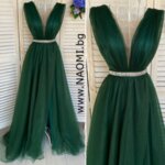 Официална дълга рокля с цепка в изумрудено зелен цвят