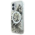 Оригинален кейс GUESS Liquid Glitter Flower MagSafe за iPhone 16 бежово