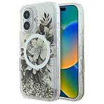 Оригинален кейс GUESS Liquid Glitter Flower MagSafe за iPhone 16 бежово