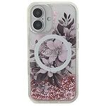 Оригинален кейс GUESS Liquid Glitter Flower MagSafe за iPhone 16 розов