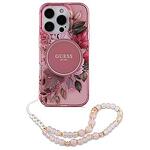 Оригинален кейс GUESS IML Flowers with Pearl Strap MagSafe за iPhone 16 Pro розово