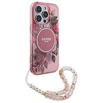 Оригинален кейс GUESS IML Flowers with Pearl Strap MagSafe за iPhone 16 Pro розово