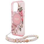 Оригинален кейс GUESS IML Flowers with Pearl Strap MagSafe за iPhone 16 Pro розово