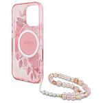 Оригинален кейс GUESS IML Flowers with Pearl Strap MagSafe за iPhone 16 Pro розово