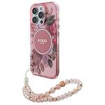 Оригинален кейс GUESS IML Flowers with Pearl Strap MagSafe за iPhone 16 Pro розово