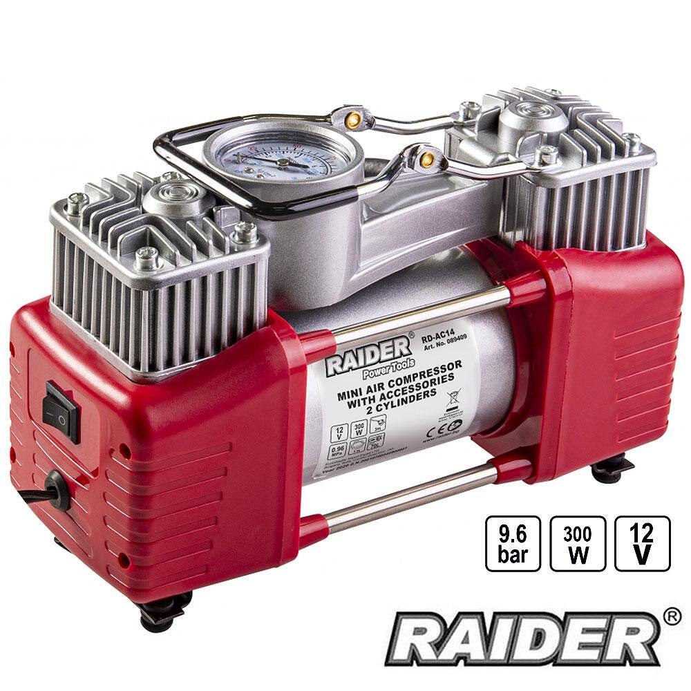 Компресор 12V  метален 300W 70L/min 2 цилиндъра с аксесоари RD-AC14 RAIDER