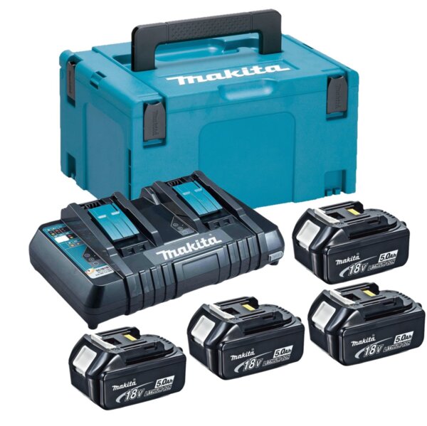Комплект Makita 197626-8 (4бр. батерии BL1850B 18V, 5Ah + двойно зарядно DC18RD + куфар Makpac 3) Комплект Makita 197626-8 (4бр. батерии BL1850B 18V, 5Ah + двойно зарядно DC18RD + куфар Makpac 3)
