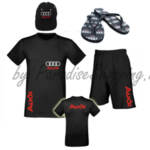 Egyedülálló nyári együttes, amely pólóból és rövidnadrágból áll AUDI + Sportos strandpapucs + sapka AUDI