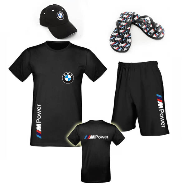 Egyedülálló nyári együttes, amely pólóból és rövidnadrágból áll BMW M Power+ Sportos strandpapucs + sapka BMW M Power