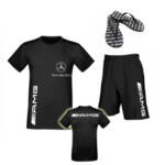 Egyedülálló nyári együttes, amely pólóból és rövidnadrágból áll Mercedes AMG + Sportos strandpapucs