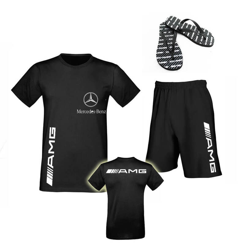Egyedülálló nyári együttes, amely pólóból és rövidnadrágból áll Mercedes AMG + Sportos strandpapucs