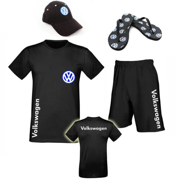 Egyedülálló nyári együttes, amely pólóból és rövidnadrágból áll VOLKSWAGEN  + Sportos strandpapucs + sapka