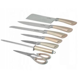 Комплект ножове с поставка Zilner ZL 5125, 8 части, Точило, Ножици, Неръждаема стомана, Бежов