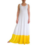 Дълга дамска рокля на волани бяло и жълто