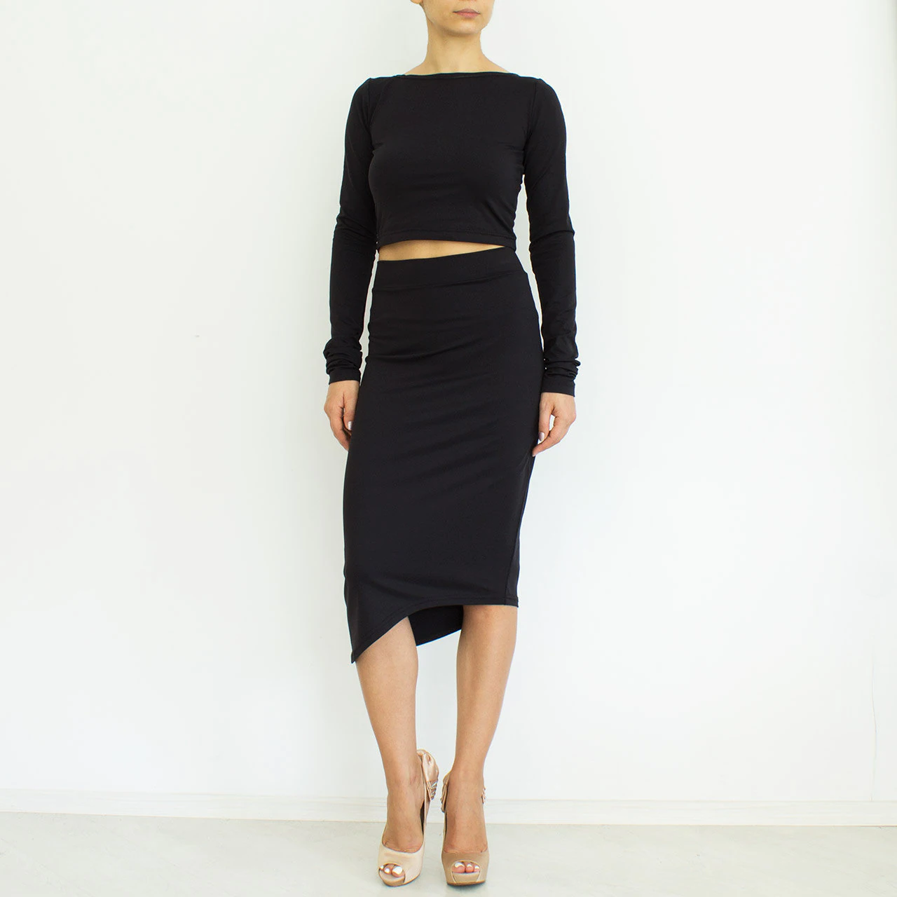 SALE Coordinated set top and skirt, Two piece black dress, Long sleeved crop top, pencil skirt, Coords, Sexy dress, Fall fashion, set KYLIE