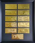 Сет златни банкноти Долари - 11 бр. на черен фон в рамка под стъклено покритие - Реплика