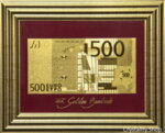 Златна банкнота 500 Евро на бордо фон в рамка под стъклено покритие - Реплика