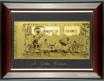 Златна банкнота 5000 Френски Франка на черен фон в рамка под стъклено покритие - Реплика
