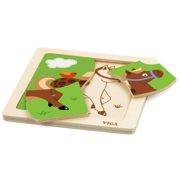 Дървен плосък пъзел 4 части - Кон, Viga Toys