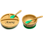 Персонализиран бамбуков комплект | Голяма Купичка с лъжичка и кръгла чинийка с лъжица