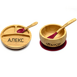 Персонализиран бамбуков комплект | Купичка с лъжичка и кръгла чинийка с лъжица