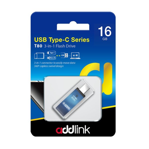 Addlink флашка Flash T80 16GB 3-in-1 USB 3.1 Type C / OTG Micro B / USB 3.0 Aluminium Blue - ad16GBT80B3 Addlink флашка Flash T80 16GB 3-in-1 USB 3.1 Type C / OTG Micro B / USB 3.0 Aluminium Blue - ad16GBT80B3