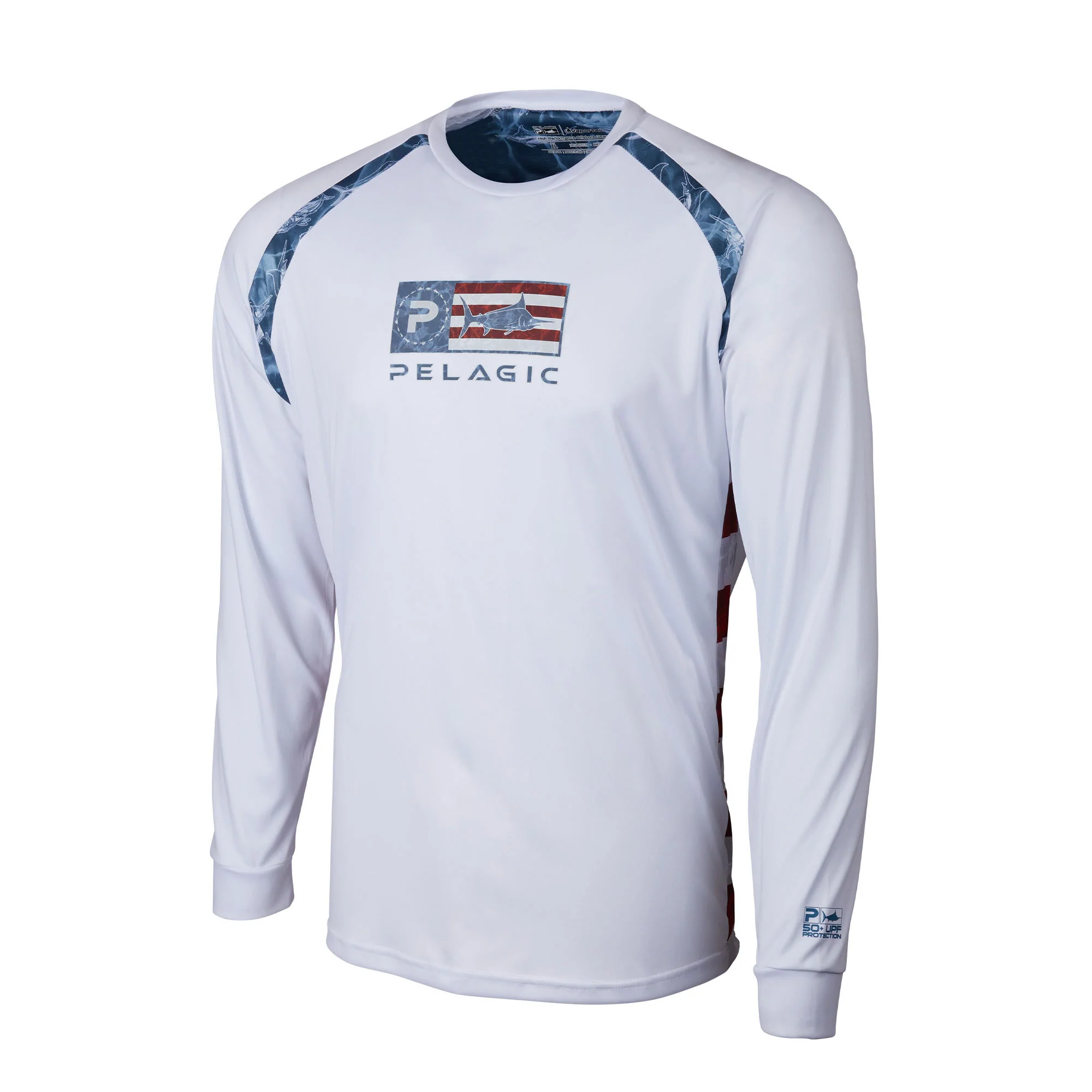 Тениска с дълъг ръкав UPF 50+ PELAGIC VAPORTEK SIDELINE AMERICANO LONG SLEEVE PERFORMANCE SHIRT White