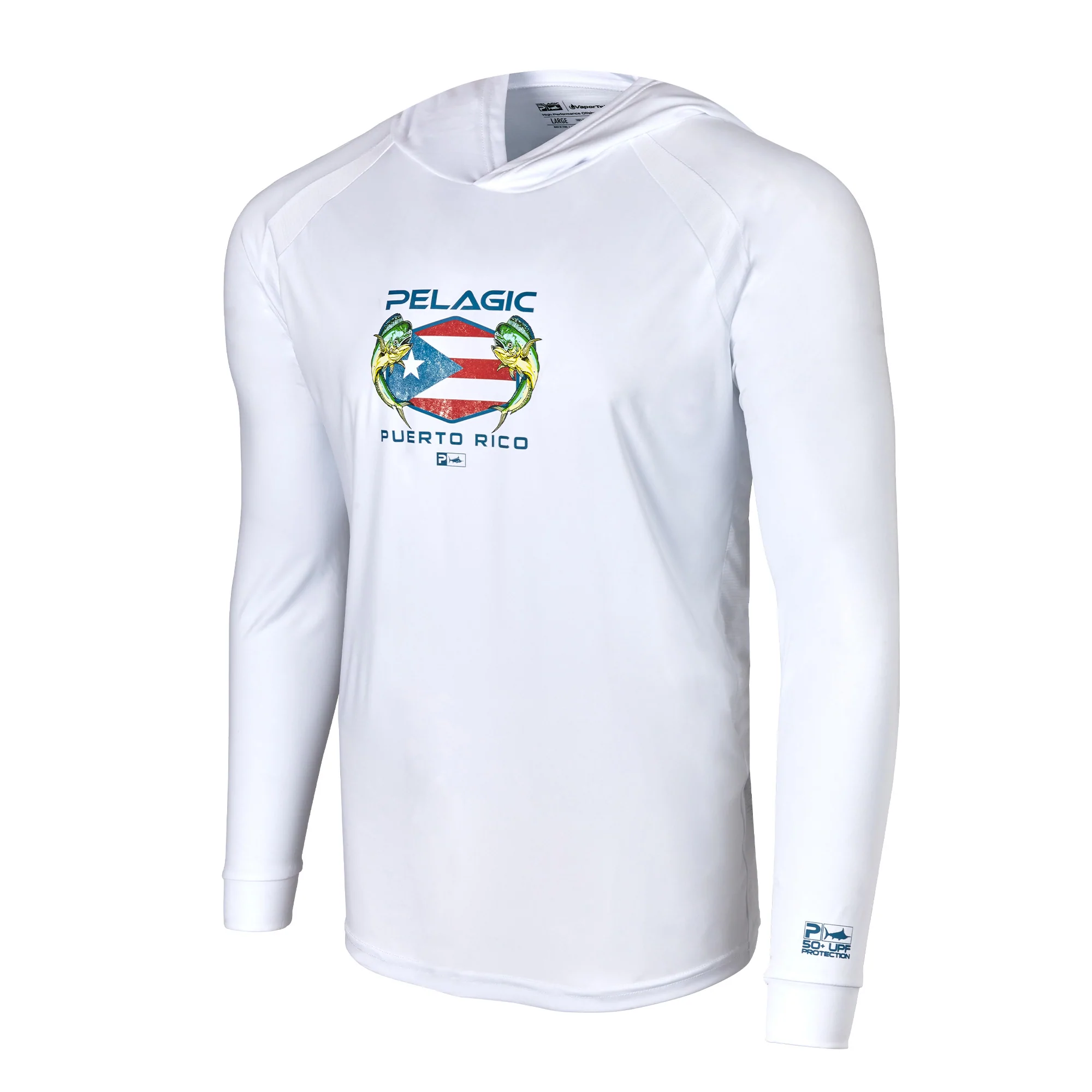 Тениска с дълъг ръкав и качулка UPF 50+ PELAGIC VAPORTEK SIDELINE DORADO PUERTO RICO LONG SLEEVE HOODED PERFORMANCE SHIRT White