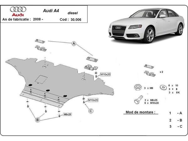 Метална кора под двигател бензин за AUDI A4 Avant (8K5, B8) от 2007 до 2012