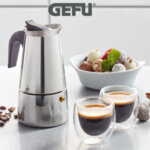 Комплект GEFU EMILIO от стоманена кафеварка за 4 бр. кафета и 2 бр. двустенни чаши за еспресо