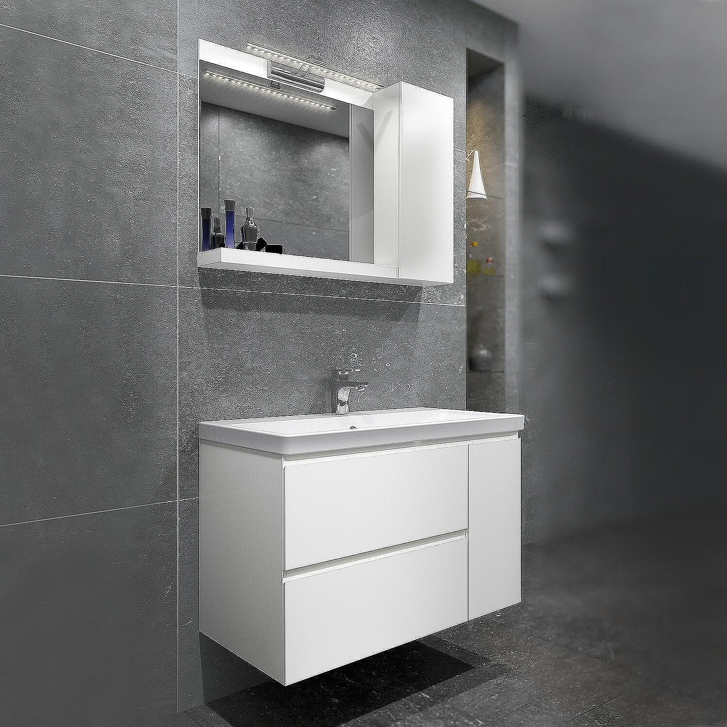 Горен шкаф с LED огледало за баня TRIANO СТЕП 90 PVC
