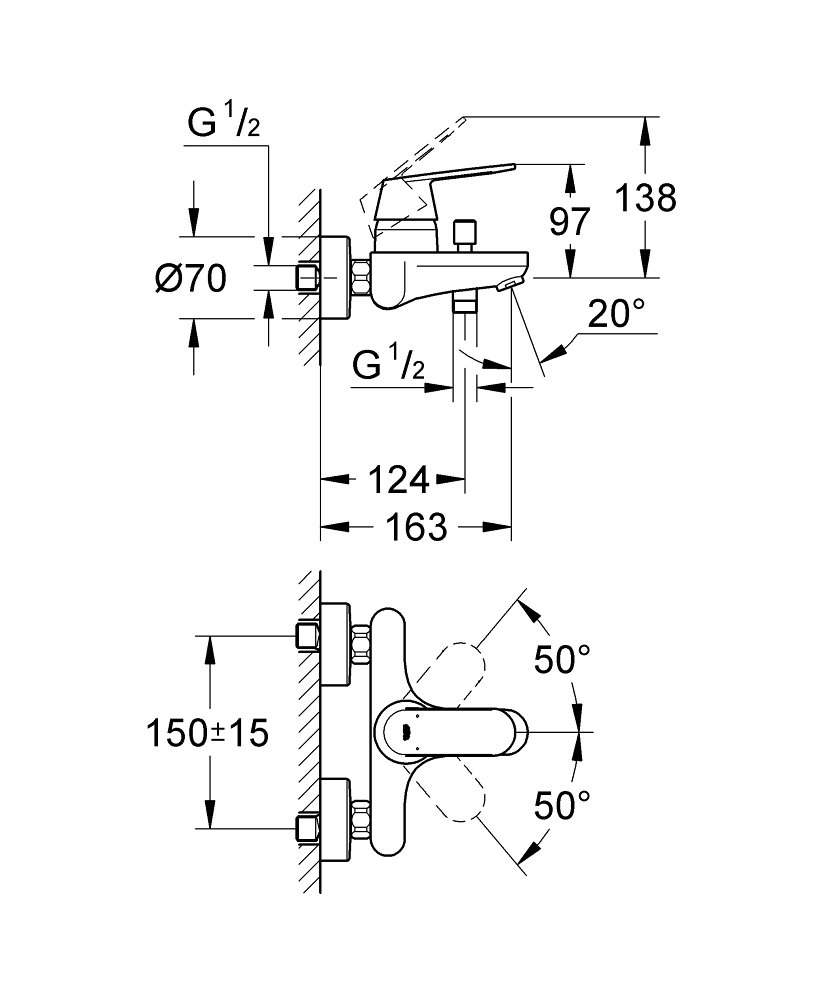 Стенен смесител за вана/душ GROHE EUROSMART COSMOPOLITAN 32831000