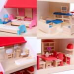 Дървена детска къща за кукли с обзавеждане, Розова 1413