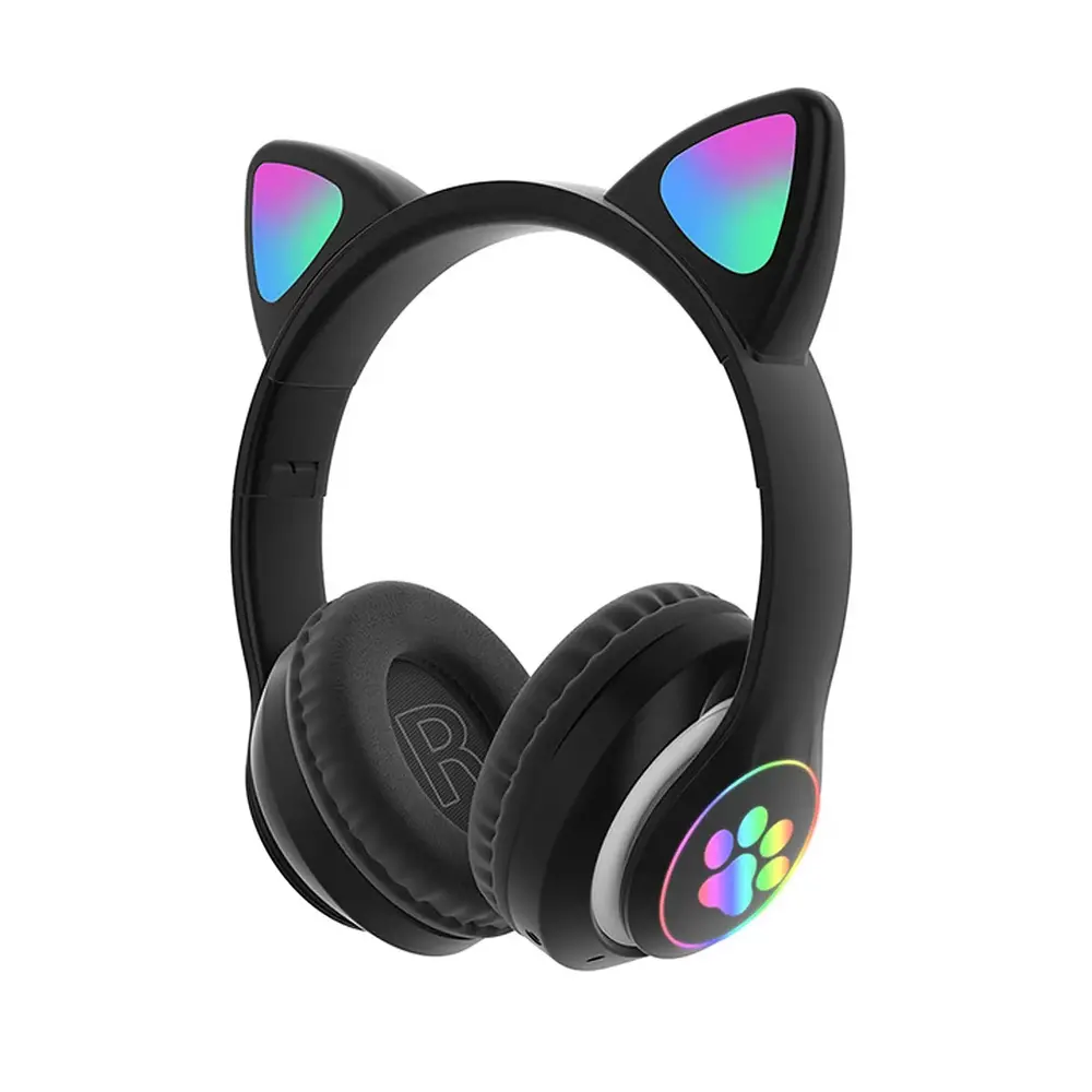STN-28 Музикални Светещи котешки слушалки за уши, BT5.0 с микрофон AUX IN TF MP3 плейър Цветни LED светлини -ЧЕРНИ