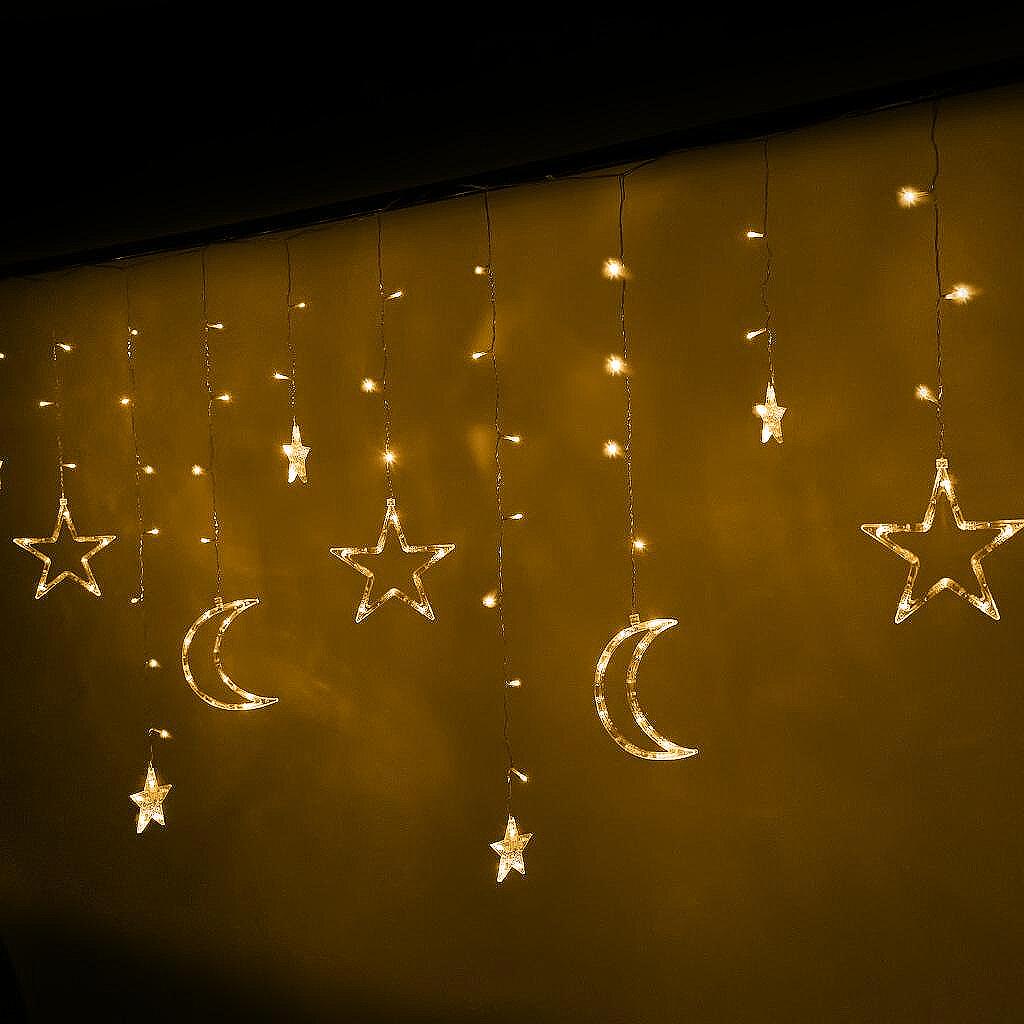 LED светлини завеса луна звезди 2.5м 138LED топло