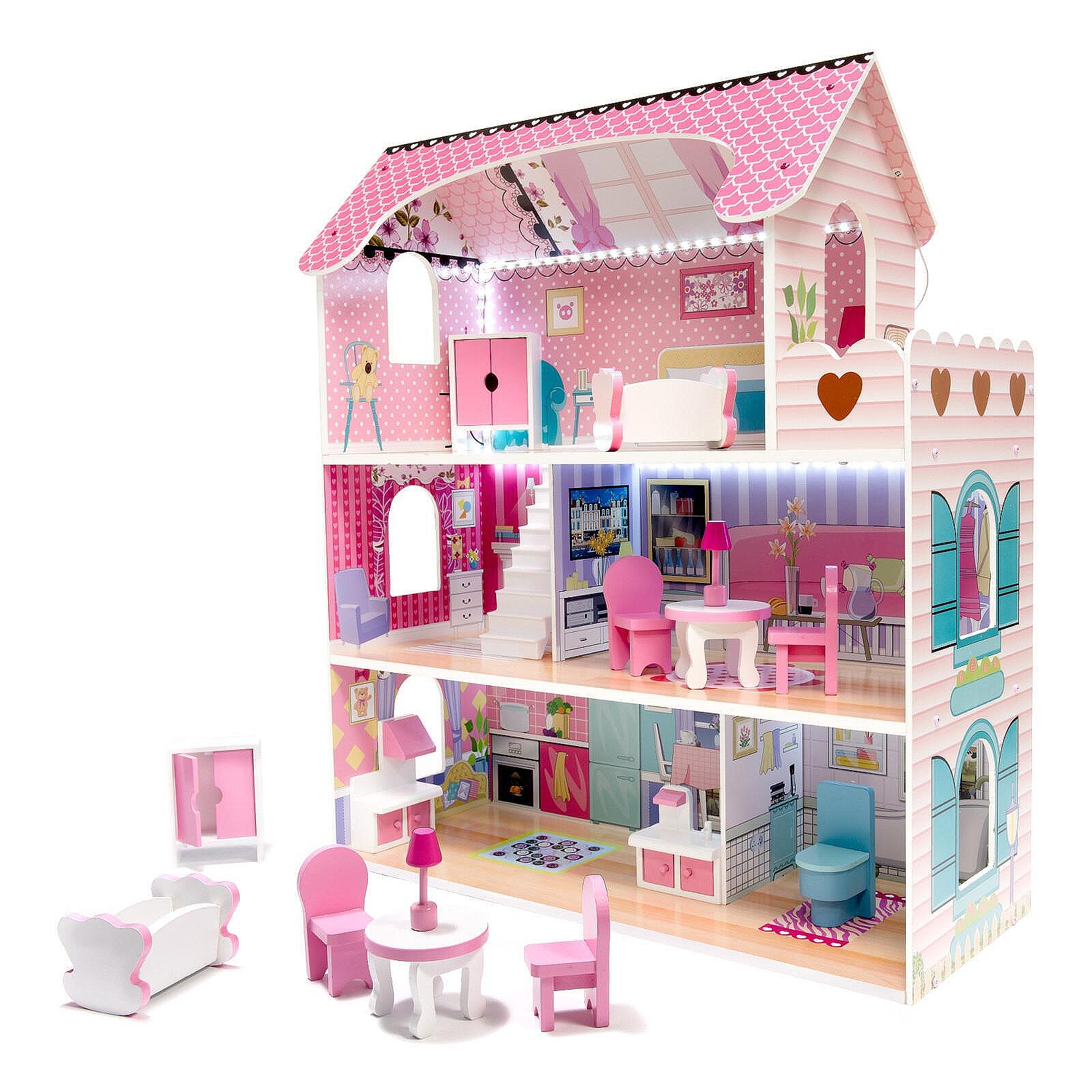 Къща за кукли дървен МДФ + мебел 70см розов LED