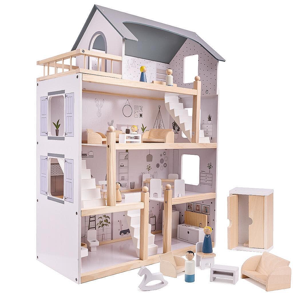 Дървена къща за кукли + мебели 80см