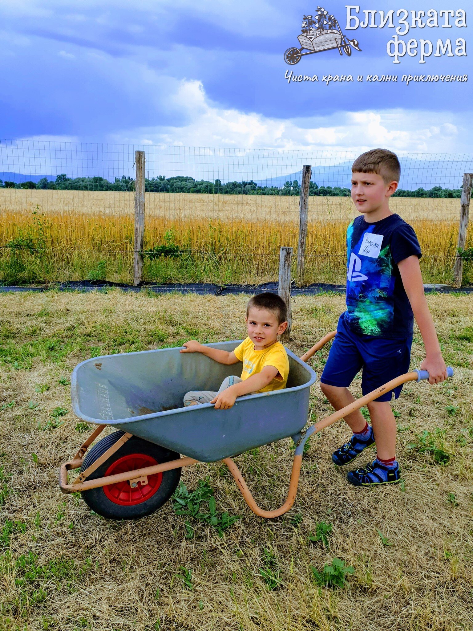 голямо дете вози малко дете в градинарска количка