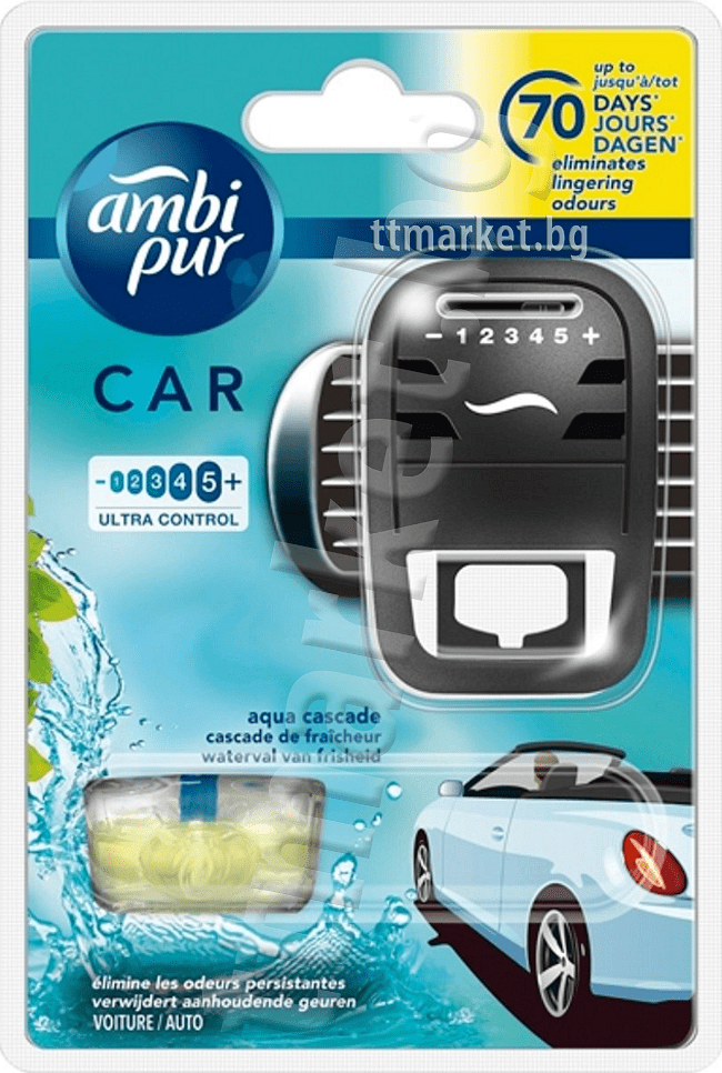 Ambi Pur = Febreze Car Starter Kit aqua cascade Ароматизатор за Кола  Машинка + Пълнител със свеж воден аромат 7 мл Френско Качество