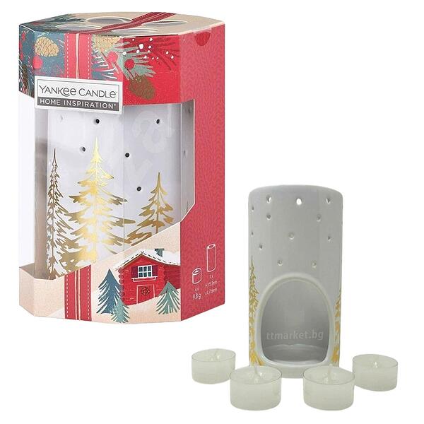Yankee Candle Home Inspiration Wax Oil Burner plus 4 Tea Lights XMAS Theme White Комплект от