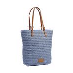 Синя сламена плажна чанта с кожени дръжки