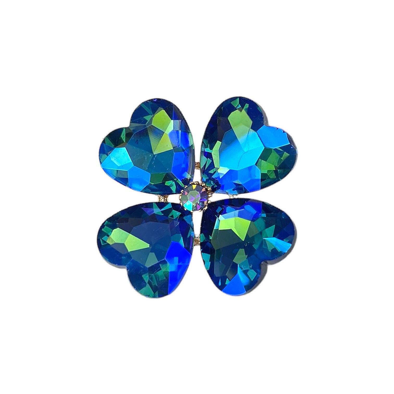 Брошка голяма кристална детелина за късмет-синьо