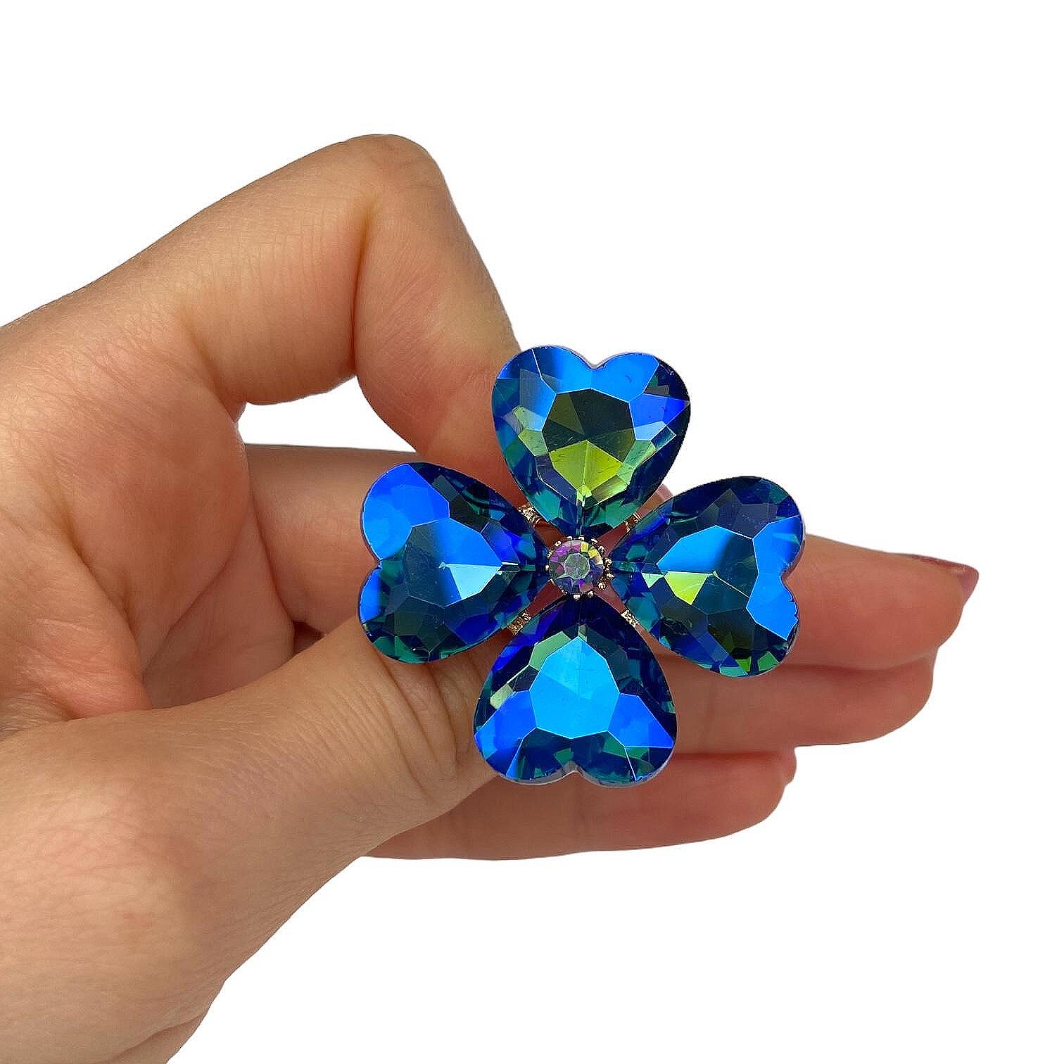 Брошка голяма кристална детелина за късмет-синьо