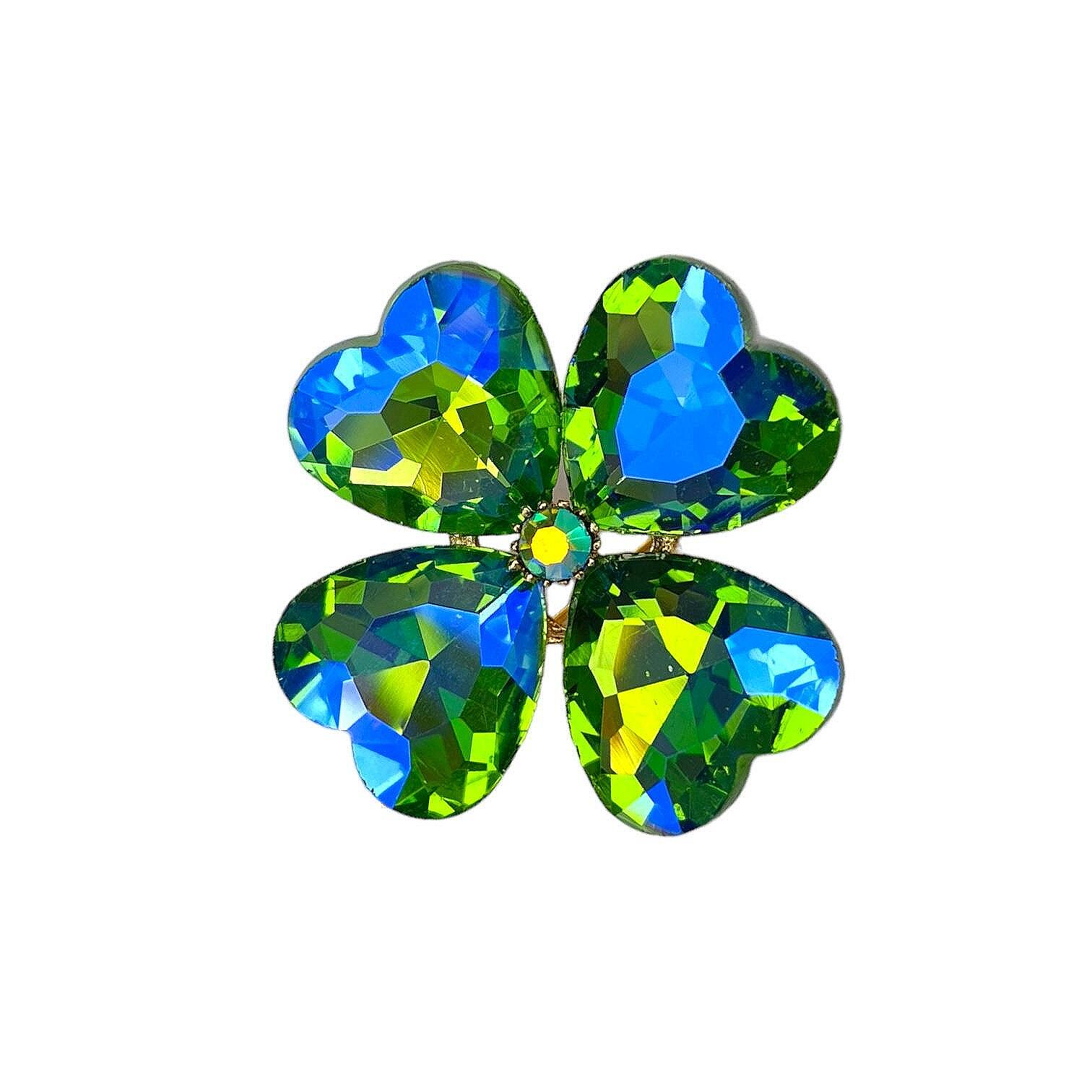 Брошка голяма кристална детелина за късмет-зелено